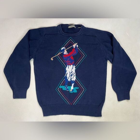 Lord & Tailor Golf Logo Knit Crewneck Sweater Men Medium Blue - Picture 1 of 5